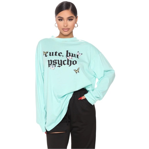 NWT Fashion Nova Mint Cute But Psycho Butterfly Long Sleeve Graphic T-Shirt - Picture 7 of 8